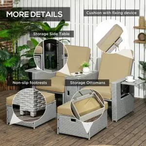 Outsunny Recliner Rattan Sun Lounger w/ Storage Tea Table & Footstools, Beige