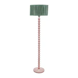 ValueLights Bobbins Painted Rose Floor Lamp with Ruched Pleated Green Drum Shade and LED Bulb