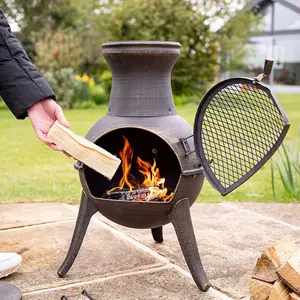 El Clasico Chimenea - Weatherproof Metal Outdoor Garden Patio Log Wood Burner Fire Pit Bowl with Mesh Door - H69 x 38cm Diameter