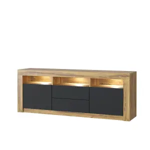 Shine TV Unit 160cm Oak & Black Matt Doors and LED Lighting - Creative Furniture