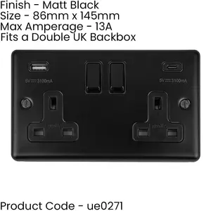 2 Gang Double UK Plug Socket & Dual 3.1A USB-C USB-A MATT BLACK 13A Switched