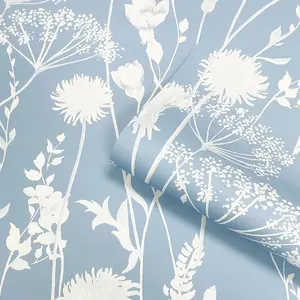 Catherine Lansfield Meadowsweet Floral Wallpaper Blue Muriva 165583