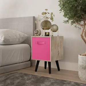 URBNLIVING 50cm Height Dark Pink 1-Drawer Cube Antique Oak Shelving Unit with Scandinavian Black Legs