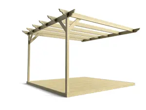 Wall mounted pergola and decking complete diy kit, Dinasty design (3.6m x 3.6m, Light green (natural) finish)