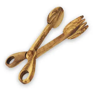 Olive Wood Salad Serving Tongs Natural Grained Rustic Kitchen Dining Server 27cm