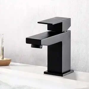 BATHWEST Matte Black Square Basin Taps with Drain Basin Mixer Taps with Pop Up Waste Monobloc Brass Basin Taps with Sink