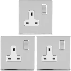 3 PACK 1 Gang DP 13A Switched UK Plug Socket SCREWLESS POLISHED CHROME Power