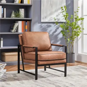 Yaheetech Light Brown Upholstered Faux Leather Accent Chair Retro Armchair