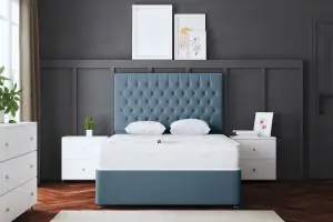 Seraphine Blue Upholstered Divan Bed with Headboard and Two Drawers Single