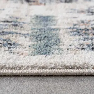 Navy Blue Beige Distressed Diamond Trellis Soft Living Area Rug 60x110cm