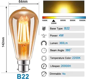 Extrastar 4W LED Filament Light Bulb B22, 2200K, Pack of 2