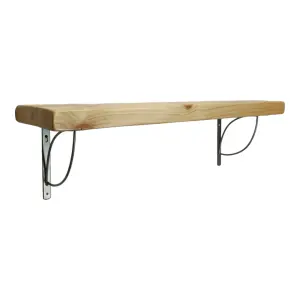 Solid Wood Handmade Rustical Shelf Primed 225mm 9 inch with Silver Metal Bracket TRAMP Length of 110cm