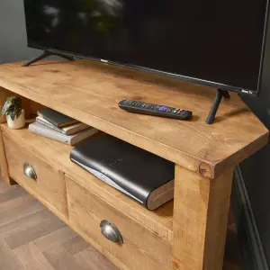 Corner TV Stand with Drawers  Made From Solid Wood - 80cm Rugger Brown Finsh