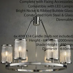 6 Light Chandelier Pendant Nickel Ribbed Glass Shade Hanging Ceiling Lamp Holder