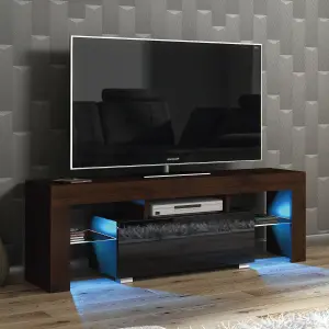 Floe TV Unit 130cm Walnut & Black with High Gloss Doors and LED Lighting - Creative Furniture