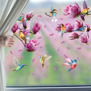 Pink Magnolia Flowers with Birds Spring Window Clings