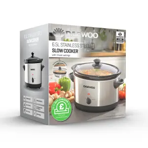 Daewoo Slow Cooker 6.5 Litre With 3 Heat settings Easy Clean Silver SDA1788GE