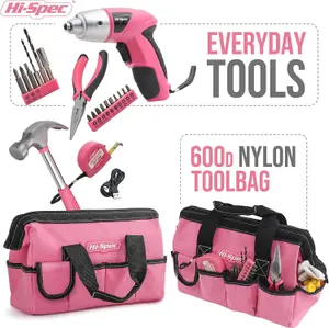 Hi-Spec Pink 20pc Home DIY Tool Kit. Complete Household Hand Tools. All Essential Repairs in a Bag