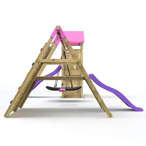 Rebo Wooden Climbing Frame with Vertical Rock Wall, Swing Set and Slide - San Luis+ Pink