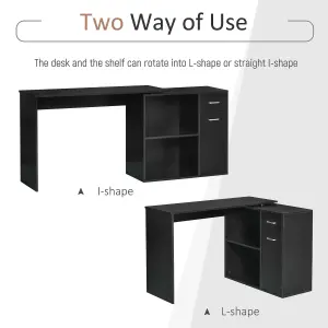 HOMCOM Corner Computer Desk 360 Rotating L-Shaped Table Storage Shelf Black