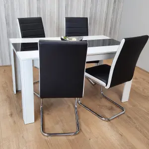 Dining Table and 4 Faux Leather Black White Padded Chairs High Gloss Wood Dining Kitchen Set of 4