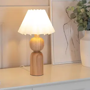 ValueLights Azalea Rustic Wooden Table Lamp with White Fabric Scallop Tapered Shade and LED Bulb