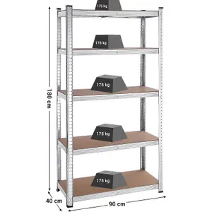 Garage Shelving, 5-Tier Storage Racks, Set of 2, 180 x 90 x 40 cm, Max. Load 875 kg (175 kg per Tier), Shelving Units, Silver