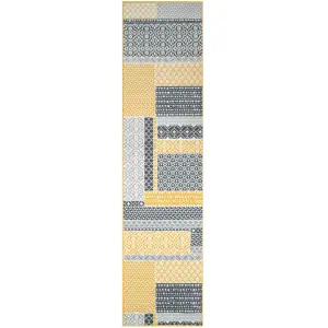 Yellow Ochre Grey Floral Patchwork Living Room Runner Rug 80x320cm