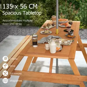 Costway Outdoor Table Set Patio Picnic Wood Dining Table w/ 2 Built-in Benches