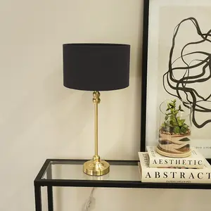 ValueLights Maggie Gold Metal Candlestick Slim Table Lamp with Charcoal Fabric Drum Lamp Shade