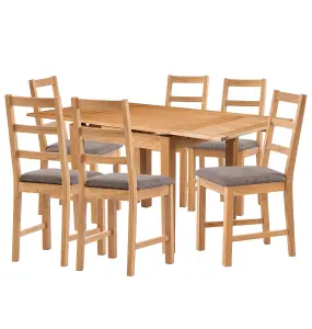 Hallowood Furniture Waverly Small Extending Table with 6 Ladder Back Oak Chairs with Steel Grey Fabric Seats