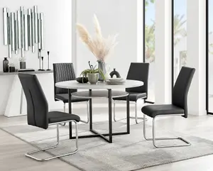 Adley Grey Concrete Effect And Black Round Dining Table with Storage Shelf and 4 Black Lorenzo Chairs for Modern Sleek Dining Room