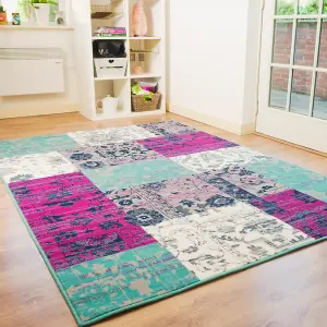 Teal Modern Patchwork Rug - Vintage Paisley Design for Rustic and Bohemian Interiors