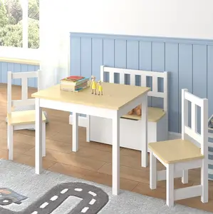 URBNLIVING 53cm Height Wooden Children's Kids Toddlers Table, 2 Chairs & Toy Storage Bench Activity Set White & Oak