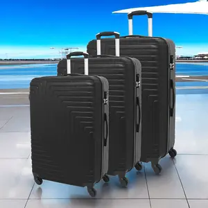 LUGGIT 3 Pcs Travel Lightweight Trolley Luggage Suitcase Set of 3 Sizes, ABS Shell - Ridged Line Black