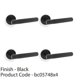 4 PACK - SOLID BRASS Reeded Door Handle Set - Matt Black Straight Lever on Round Rose