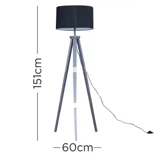 ValueLights Willow Large Grey Wood & Metal Tripod Design Floor Lamp with Black Shade Complete with 6w LED GLS Bulb In Warm White