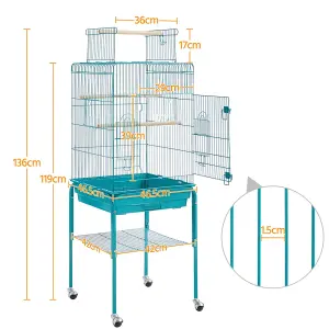 Yaheetech Teal Blue Play Top Metal Bird Cage w/ Detachable Rolling Stand