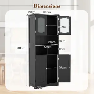 COSTWAY 148cm Tall Bathroom Cabinet Freestanding Storage Cabinet with Tempered Glass Doors