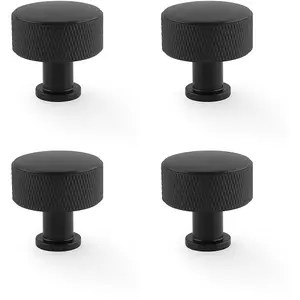 4 PACK - Round Knurled Door Knob - 35mm Diameter Matt Black Radio Cupboard Pull Handle