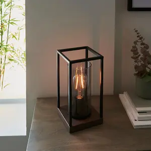 Matt Black Industrial Framed Table Lamp Light & Glass Shade - Bronze Patina Base