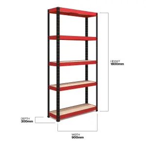 RB BOSS Garage Shelving Unit 5 Shelf MDF Red & Black Powder Coated Steel (H)1800mm (W)900mm (D)300mm