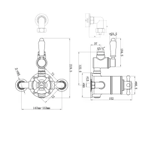 ENKI Downton Chrome White Traditional Brass Thermostatic Twin Shower Valve with Return to Wall Bend T103