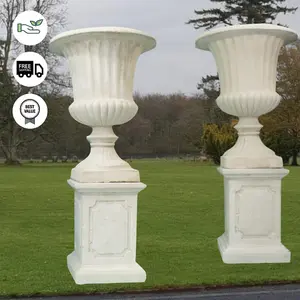 Pair of Giant Flute White Stone Garden Vases on Plinths