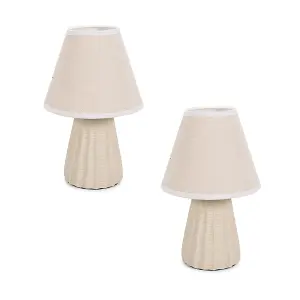 ValueLights Saskia Pair of - Natural Ceramic Textured Base Bedside Table Lamp with Linen Tapered Shade