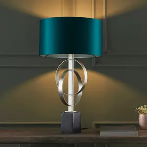 Antique Silver Table Lamp & Teal Satin Shade - Black Marble Base Desk Light