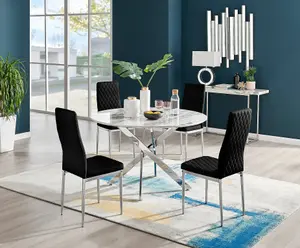 Furniturebox UK Novara White Marble 120cm Round Dining Table & 4 Black Velvet Milan Chairs