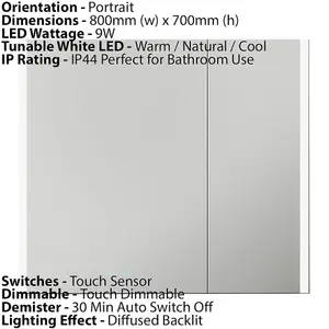 800 x 700mm IP44 LED Twin Bathroom Mirror Cabinet - Bluetooth Speaker & Demister