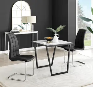 Furniturebox UK Carson White Marble Effect Square Dining Table & 2 Black Murano Chairs