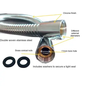 Euroshowers 1.75m Stainless Steel 11mm Bore Shower Hose with Chrome Finish